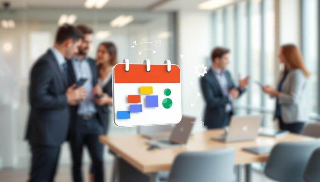 A visually striking digital illustration of a Google Calendar interface seamlessly syncing with Slack. In the foreground, depict an animated calendar graphic with colorful event blocks merging into Slack's iconic status indicator. The middle layer features stylized icons representing automation, such as arrows and gears, symbolizing the integration process. In the background, a blurred office environment showcases professionals in business attire collaborating, emphasizing productivity. Use bright, vibrant colors to convey a sense of efficiency and innovation. Soft, natural lighting enhances the scene, creating an optimistic and dynamic atmosphere. Capture the image from a slightly elevated angle to emphasize both the calendar and Slack features in action, focusing on a clean, modern aesthetic free of distractions.