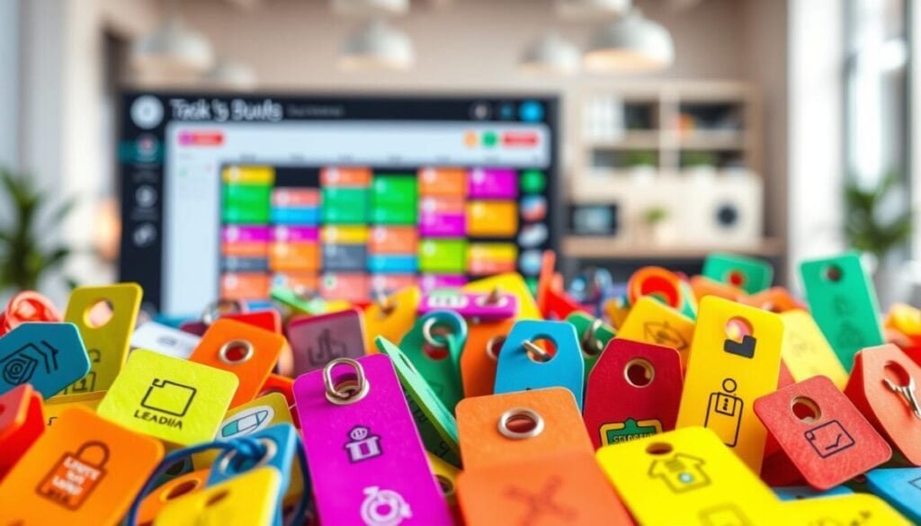 A visually striking illustration focusing on diverse category tags related to task management. In the foreground, a vibrant array of colorful category tags with icons representing various tasks like deadlines, priorities, and categories. The middle features a sleek digital interface with a calendar and task management dashboard, showing due dates and color-coded categories, with a modern aesthetic. The background includes a blurred office setting to suggest productivity, featuring soft, natural lighting that creates a warm atmosphere. The mood should be organized and inspirational, reflecting advanced strategies for managing tasks effectively. The angle is slightly elevated to capture both the detailed tags and the broader organizational tools. No text or overlays should be present. A visually striking illustration focusing on diverse category tags related to task management. In the foreground, a vibrant array of colorful category tags with icons representing various tasks like deadlines, priorities, and categories. The middle features a sleek digital interface with a calendar and task management dashboard, showing due dates and color-coded categories, with a modern aesthetic. The background includes a blurred office setting to suggest productivity, featuring soft, natural lighting that creates a warm atmosphere. The mood should be organized and inspirational, reflecting advanced strategies for managing tasks effectively. The angle is slightly elevated to capture both the detailed tags and the broader organizational tools. No text or overlays should be present.