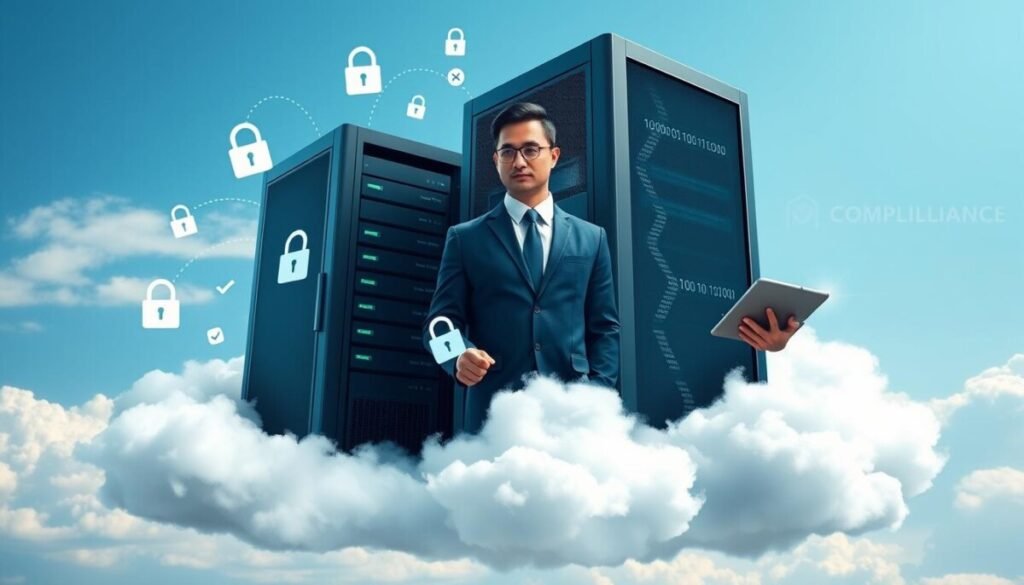 A visually striking illustration of a "compliance cloud," representing the secure storage of business data in the digital age. In the foreground, sleek computer servers are integrated into a fluffy cloud, surrounded by symbols of compliance such as padlocks and checkmarks. The middle ground features a professional business person in formal attire, observing the cloud with a thoughtful expression, holding a tablet that displays regulatory icons. In the background, a soft blue sky enhances the concept of limitless storage, while digital streams of binary code subtly weave through the cloud, indicating data flow. The lighting is bright and clear, creating an optimistic and secure atmosphere. Capture this scene with a wide-angle lens to emphasize depth and technology.