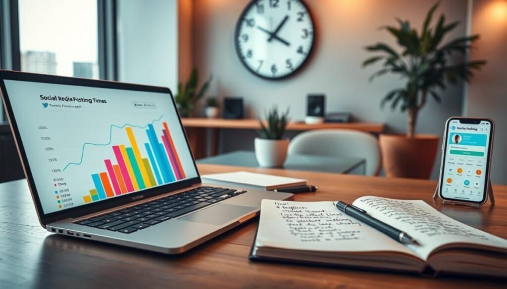 A visually striking image depicting a workspace focused on social media analytics and optimal posting times. In the foreground, a sleek laptop displays a vibrant graph showing peak engagement times for Twitter posts, with colorful bars representing different audience activity levels. To the side, a notepad filled with handwritten notes about content scheduling, accompanied by a smartphone showing the Buffer app interface. In the middle, a cozy office environment with a modern desk, a potted plant, and soft ambient lighting creating a warm atmosphere. The background features a large wall clock, emphasizing the importance of timing, with a soft-focus cityscape visible through the window. The overall mood is professional and inspiring, appealing to social media strategists. A visually striking image depicting a workspace focused on social media analytics and optimal posting times. In the foreground, a sleek laptop displays a vibrant graph showing peak engagement times for Twitter posts, with colorful bars representing different audience activity levels. To the side, a notepad filled with handwritten notes about content scheduling, accompanied by a smartphone showing the Buffer app interface. In the middle, a cozy office environment with a modern desk, a potted plant, and soft ambient lighting creating a warm atmosphere. The background features a large wall clock, emphasizing the importance of timing, with a soft-focus cityscape visible through the window. The overall mood is professional and inspiring, appealing to social media strategists.