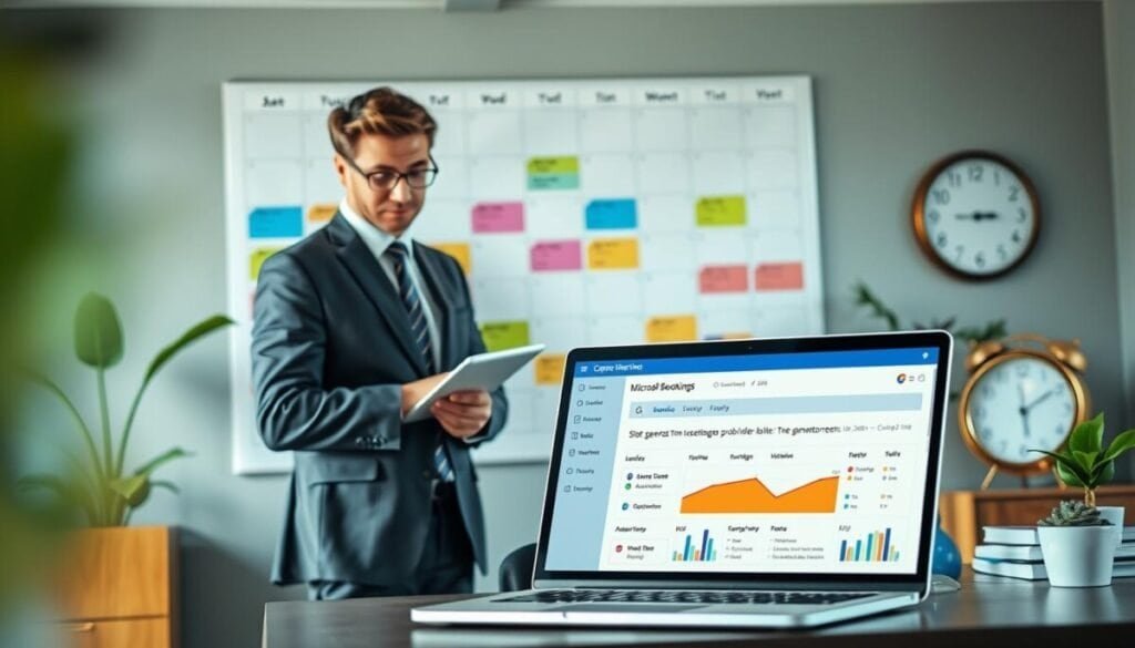 A visually striking office scene depicting a large calendar on a wall, showcasing various appointments with colorful slots. In the foreground, a professional businessperson in smart attire is examining the calendar, a look of contemplation on their face, perhaps holding a tablet or notepad. The middle ground features an open laptop displaying Microsoft Bookings, with graphs and slot generation issues highlighted. The background shows a well-organized workspace with plants, a clock indicating time management, and soft lighting creating a calm, focused atmosphere. A shallow depth of field blurs the background slightly, emphasizing the importance of scheduling and buffer time. The overall mood is professional and problem-solving, reflecting a sense of efficiency and clarity. A visually striking office scene depicting a large calendar on a wall, showcasing various appointments with colorful slots. In the foreground, a professional businessperson in smart attire is examining the calendar, a look of contemplation on their face, perhaps holding a tablet or notepad. The middle ground features an open laptop displaying Microsoft Bookings, with graphs and slot generation issues highlighted. The background shows a well-organized workspace with plants, a clock indicating time management, and soft lighting creating a calm, focused atmosphere. A shallow depth of field blurs the background slightly, emphasizing the importance of scheduling and buffer time. The overall mood is professional and problem-solving, reflecting a sense of efficiency and clarity.