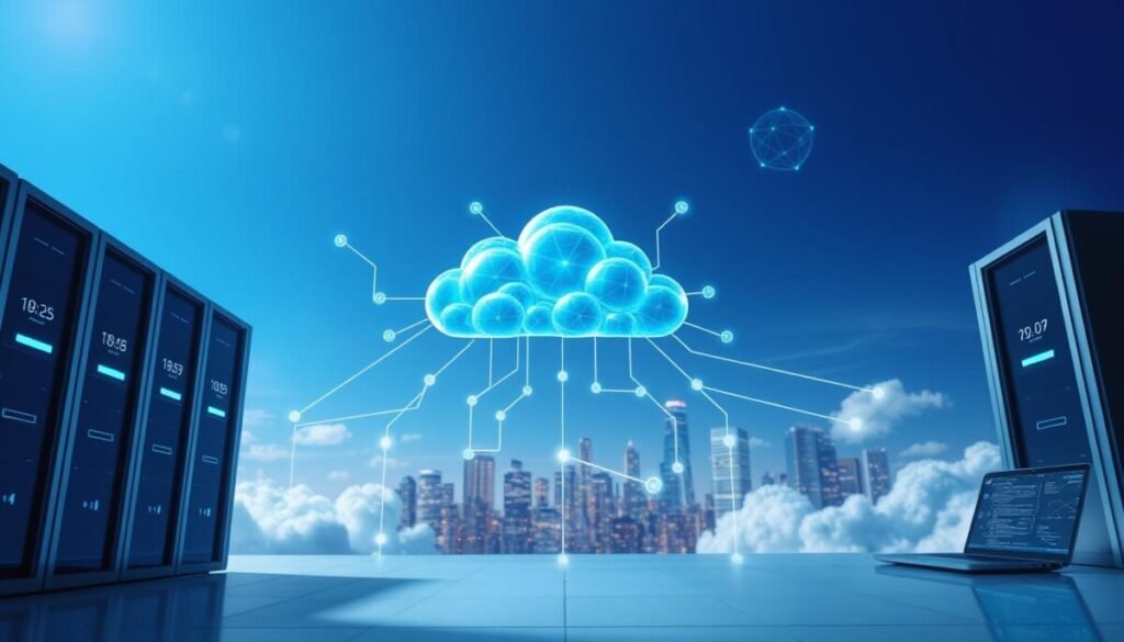 A visually striking representation of cloud storage, featuring a futuristic digital cloud hovering in a serene blue sky. In the foreground, sleek server towers with glowing interfaces symbolize cutting-edge technology. In the middle, data streams of light connect various devices—like smartphones and laptops—flowing smoothly towards the cloud, illustrating seamless connectivity. The background showcases a vibrant city skyline, with hints of artificial intelligence represented by circuits and neural network patterns subtly integrated into the clouds. The scene is illuminated by soft, ambient lighting, enhancing the feeling of innovation and sophistication. Use a wide-angle lens to capture the expansive atmosphere, evoking a sense of limitless possibilities within the world of cloud-based storage. The overall mood is optimistic and forward-looking.