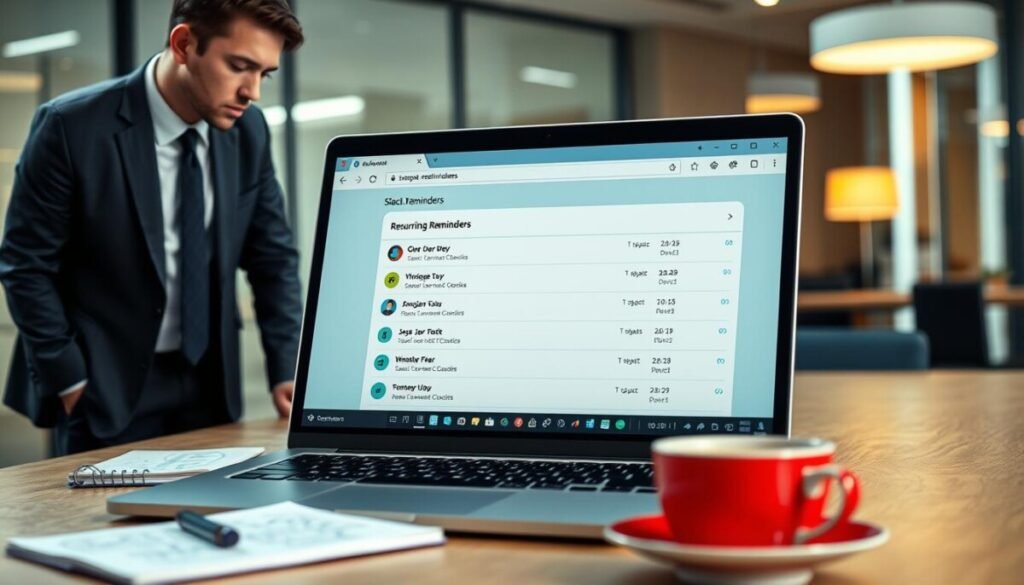 A visually striking, structured representation of a digital workspace featuring the Slack application interface. In the foreground, a sleek laptop open to the Slack reminders feature, displaying a clean and organized list of recurring reminders. To the left, a person in professional business attire, looking thoughtfully at the screen, leaning forward slightly as if troubleshooting an issue. In the middle ground, a notepad with scribbled notes and a cup of coffee, hinting at a productive work session. The background shows a modern office environment with soft, ambient lighting, creating a calm yet focused atmosphere. The angle captures the workspace's depth, emphasizing both the technology and the thoughtful engagement of the user. A visually striking, structured representation of a digital workspace featuring the Slack application interface. In the foreground, a sleek laptop open to the Slack reminders feature, displaying a clean and organized list of recurring reminders. To the left, a person in professional business attire, looking thoughtfully at the screen, leaning forward slightly as if troubleshooting an issue. In the middle ground, a notepad with scribbled notes and a cup of coffee, hinting at a productive work session. The background shows a modern office environment with soft, ambient lighting, creating a calm yet focused atmosphere. The angle captures the workspace's depth, emphasizing both the technology and the thoughtful engagement of the user.