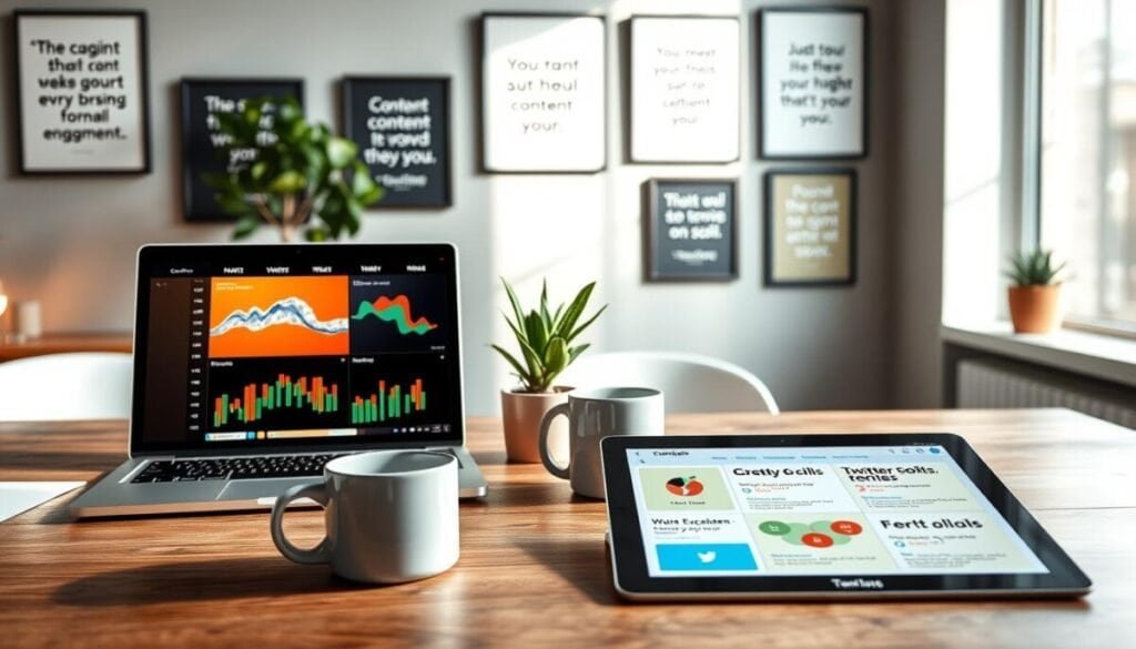 A visually stunning content calendar displayed on a modern wooden desk, with neatly organized sections for each week. In the foreground, a stylish laptop with a colorful screen featuring graphs and analytics related to social media engagement. A sleek digital tablet lies next to it, showcasing Twitter poll templates. In the middle ground, a stylish coffee mug adds a cozy touch, while a potted plant introduces a hint of greenery. The background features a wall with framed motivational quotes about content management and productivity. Soft, diffused natural light streams in through a window, creating an inviting atmosphere. The scene embodies a professional yet creative environment, perfect for streamlined content management.