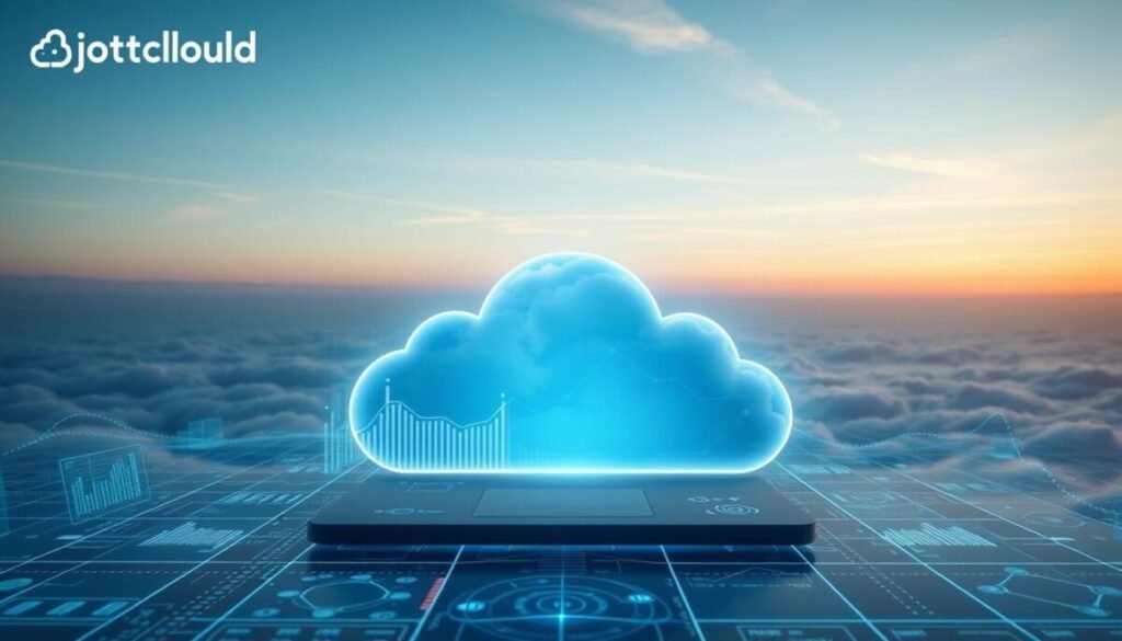 A visually stunning digital visualization of "Jottacloud Unlimited Storage," showcasing a sleek, modern cloud icon surrounded by a digital landscape symbolizing vast data storage. In the foreground, a high-tech virtual interface displays dynamic graphs and data flows, emphasizing limitless possibilities. The middle ground features an expansive, stylized cloud with a gentle glow, hinting at infinite capacity, while the background is a serene sky transitioning from dawn to daylight, indicating hope and innovation. Soft, diffused lighting enhances the futuristic vibe, with a slight lens flare effect to evoke optimism. The overall mood is professional and inspiring, reflecting a secure and reliable choice for unlimited storage solutions.
