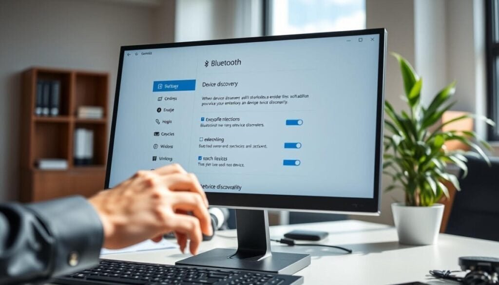 A well-lit, professional office environment, showcasing a close-up view of a computer screen displaying the Bluetooth device discovery settings on a Windows 11 interface. The foreground features a hands-on approach, with a person in smart casual attire adjusting settings with a mouse. In the middle, the screen prominently displays options for enabling and adjusting device discoverability, complete with vibrant icons and visual cues. The background includes subtle elements like a plant and a blurred bookshelf, emphasizing a clean and organized workspace. The lighting is bright and natural, creating a focused and productive atmosphere, with a slight depth of field effect to draw attention to the screen and settings.