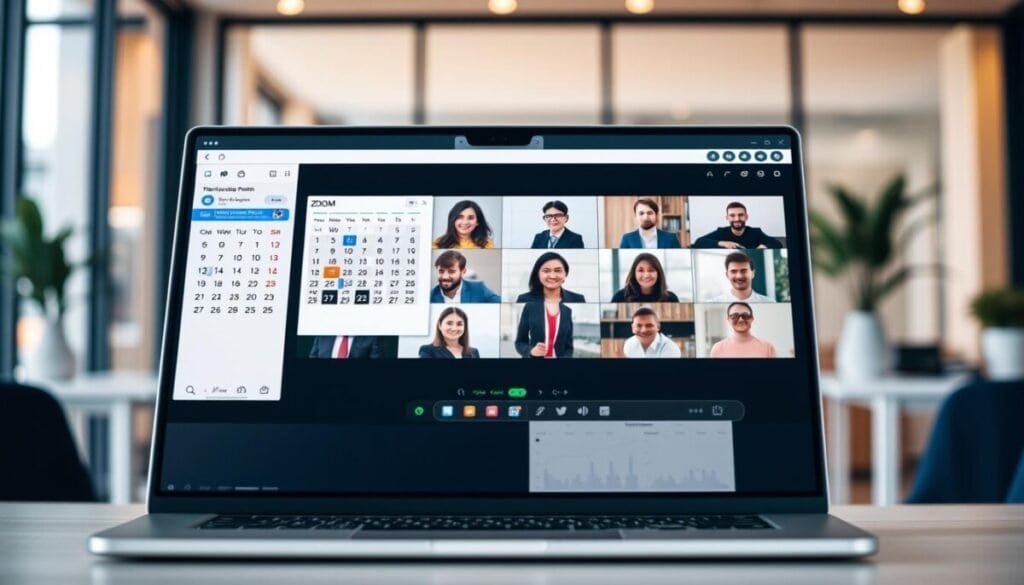 A well-organized Zoom desktop interface displayed prominently in the foreground, featuring the Zoom app open with a calendar integration window visible. The middle layer shows a diverse team of professionals in smart business attire engaged in a virtual meeting, their images appearing in a grid format on the screen. The background includes a softly blurred modern office environment with warm, natural lighting, creating a productive atmosphere. The angle is slightly tilted down to emphasize the desktop setup, showcasing a sleek laptop or monitor with digital elements reflecting smooth workflows. The overall mood is collaborative and focused, highlighting the seamless connection between Zoom and calendar applications for effective status updates.