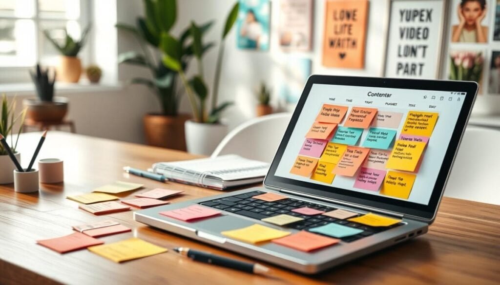 A well-organized content calendar on a wooden desk, showcasing multiple colorful sticky notes with different TikTok video ideas, scheduled dates, and engaging visuals. In the foreground, a stylish laptop is open, displaying a digital calendar interface with vibrant colors, surrounded by pens and notepads. In the middle, a classic planner with tabs can be seen, emphasizing the importance of planning. The background features a soft-focus view of a bright, airy office with potted plants and motivational posters. Soft, natural lighting bathes the scene, creating a warm and inviting atmosphere that conveys productivity and creativity. The overall mood is inspiring and organized, perfect for a guide on building a consistent content schedule. A well-organized content calendar on a wooden desk, showcasing multiple colorful sticky notes with different TikTok video ideas, scheduled dates, and engaging visuals. In the foreground, a stylish laptop is open, displaying a digital calendar interface with vibrant colors, surrounded by pens and notepads. In the middle, a classic planner with tabs can be seen, emphasizing the importance of planning. The background features a soft-focus view of a bright, airy office with potted plants and motivational posters. Soft, natural lighting bathes the scene, creating a warm and inviting atmosphere that conveys productivity and creativity. The overall mood is inspiring and organized, perfect for a guide on building a consistent content schedule.