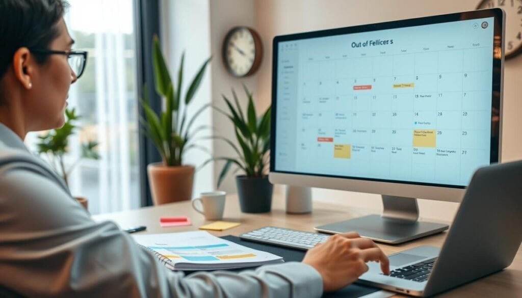 A well-organized desk featuring a large calendar on a computer screen, displaying a schedule for out-of-office replies. In the foreground, a professional businessperson in smart attire is using a laptop, thoughtfully managing their calendar. The middle ground includes sticky notes and a planner with color-coded entries, signifying different appointments and time blocks. In the background, a softly lit office space with plants and a clock showing the time of day evokes a calm and productive atmosphere. The scene is captured with a warm, inviting glow, suggesting a serene setting conducive to planning. The focus is sharp on the calendar screen, while the background features a soft bokeh effect, emphasizing the subject's task at hand.