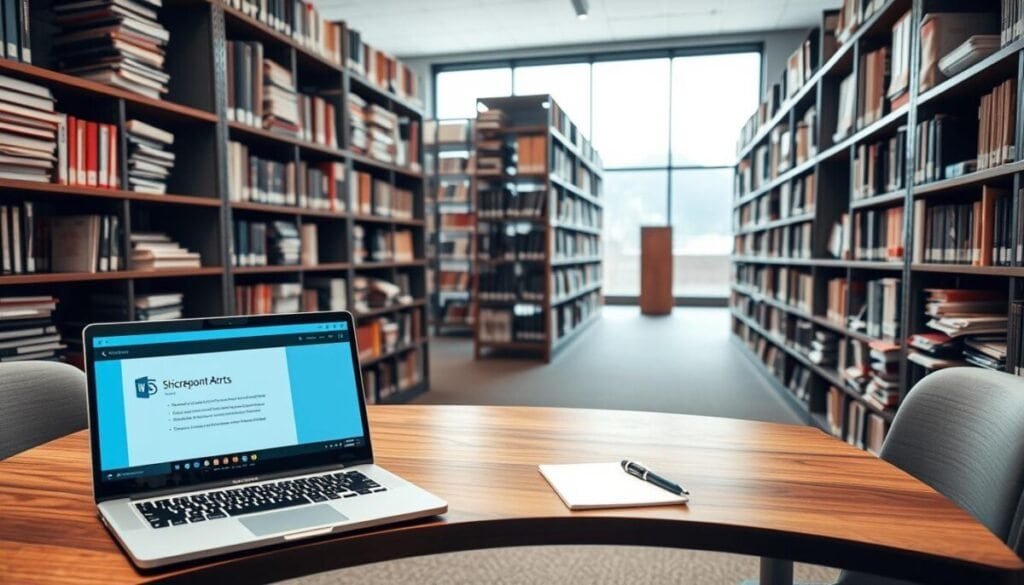 A well-organized document library room filled with shelves brimming with neatly arranged binders and folders. In the foreground, a sleek wooden table is set up with a modern laptop displaying SharePoint alerts on the screen, alongside a notepad and a pen. The middle ground features towering shelves, each labeled and filled with a variety of documents, their spines in different colors creating a visually appealing pattern. In the background, large windows let in soft, natural light that casts a warm glow across the scene, emphasizing a calm and efficient atmosphere. The angle is slightly overhead, providing a comprehensive view of the workspace. The setting is professional and inviting, perfect for illustrating effective document management.