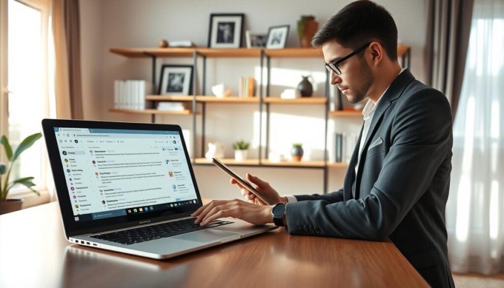 A well-organized home office setting showcasing modern email management tools. In the foreground, a sleek desk with a high-end laptop open, displaying a vibrant email interface filled with neatly categorized messages. A professional individual, dressed in smart casual clothing, is intently focused on the screen, using a digital tablet in one hand to streamline tasks. In the middle ground, shelves are neatly arranged with books on productivity and décor items. The background features a large window allowing natural light to pour in, casting soft shadows and creating an inviting atmosphere. Use warm, bright lighting to enhance productivity vibes. The overall mood is organized, focused, and conducive to effective communication. Camera angle is slightly elevated for an expansive view of the workspace.