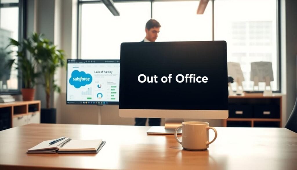 A well-organized office workspace showcasing an "Out of Office" message prominently displayed on a sleek desk. In the foreground, a modern computer screen is open to a Salesforce interface, showing a user-friendly layout for managing leads and communication. A neatly arranged set of office supplies, including a notebook, pen, and a coffee mug, adds to the setting. In the middle ground, a professional individual in business attire is thoughtfully assessing communication strategies while reviewing documents. The background features a large window with natural light pouring in, illuminating the space and creating a positive and productive atmosphere. Use soft, warm lighting to provide a welcoming mood, and capture the image from a slightly elevated angle to give a comprehensive view of the workspace.