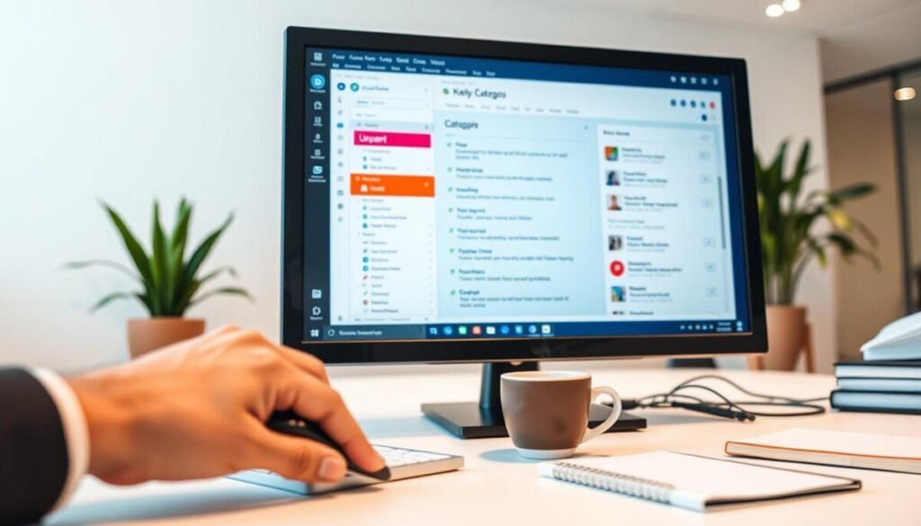 A well-organized workspace featuring a modern computer screen displaying the Outlook email interface, showing vibrant color-coded categories in a clear, visually appealing layout. In the foreground, a hand is poised over a mouse, ready to click on a bright red category labeled "Urgent". The middle ground showcases a stylish desk with a notepad and a steaming coffee cup, symbolizing productivity. The background reveals a clean, minimalist office environment with soft natural lighting illuminating the scene, creating a focused and professional atmosphere. The angle is slightly from above, emphasizing the email screen while also hinting at the efficient workflow brought by categorizing emails. There are no people in the image, ensuring a clean, distraction-free focus on the topic. A well-organized workspace featuring a modern computer screen displaying the Outlook email interface, showing vibrant color-coded categories in a clear, visually appealing layout. In the foreground, a hand is poised over a mouse, ready to click on a bright red category labeled "Urgent". The middle ground showcases a stylish desk with a notepad and a steaming coffee cup, symbolizing productivity. The background reveals a clean, minimalist office environment with soft natural lighting illuminating the scene, creating a focused and professional atmosphere. The angle is slightly from above, emphasizing the email screen while also hinting at the efficient workflow brought by categorizing emails. There are no people in the image, ensuring a clean, distraction-free focus on the topic.