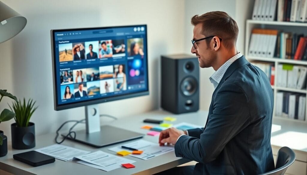 A well-organized workspace featuring a modern computer setup displaying vibrant media assets for social media. In the foreground, a high-resolution monitor shows a user-friendly interface with images and videos ready for bulk upload, illuminated by soft, diffused daylight. A professional individual in business casual attire is seen in profile, intently reviewing digital thumbnails, with an expression of focus and determination. In the mid-ground, a sleek desk is cluttered with printed content plans and colorful sticky notes, symbolizing the planning process for media management. The background includes a shelf lined with books about digital marketing and social media strategies, enhancing the professional atmosphere. The overall mood is productive and inspiring, suggesting an environment dedicated to efficiently managing visual assets for mass scheduling.