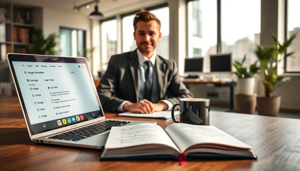 A well-organized workspace featuring a professional individual in business attire, seated at a modern desk, focused on managing rules for web-based email accounts. The foreground shows a laptop screen displaying an intuitive email interface with filter settings open, while colorful icons represent different email categories. In the middle, an open notebook with handwritten notes and a coffee mug create a personal touch, conveying a productive atmosphere. The background features a bright, airy office with large windows letting in natural light, casting soft shadows. The lighting is warm, enhancing the professional yet inviting mood. The overall composition captures the essence of efficiency and organization in digital communication management. A well-organized workspace featuring a professional individual in business attire, seated at a modern desk, focused on managing rules for web-based email accounts. The foreground shows a laptop screen displaying an intuitive email interface with filter settings open, while colorful icons represent different email categories. In the middle, an open notebook with handwritten notes and a coffee mug create a personal touch, conveying a productive atmosphere. The background features a bright, airy office with large windows letting in natural light, casting soft shadows. The lighting is warm, enhancing the professional yet inviting mood. The overall composition captures the essence of efficiency and organization in digital communication management.