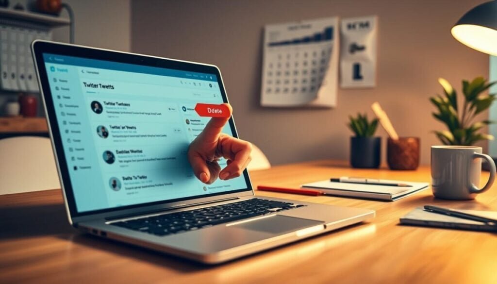 A well-organized workspace focusing on the act of deleting scheduled tweets. In the foreground, a modern laptop screen displays a Twitter interface with a highlighted “Delete” button surrounded by scheduled tweets. On the middle layer, a pair of professional hands, dressed in smart casual attire, is poised to click on the button, emphasizing the action. The warm lighting creates an inviting atmosphere, suggesting productivity and focus, while a neatly arranged desk with stationery and a coffee mug hints at a casual yet professional environment. In the background, soft-focus elements like a wall calendar and a potted plant contribute to the ambiance, maintaining the overall sleek and tech-savvy vibe. The scene captures the essence of digital communication management. A well-organized workspace focusing on the act of deleting scheduled tweets. In the foreground, a modern laptop screen displays a Twitter interface with a highlighted “Delete” button surrounded by scheduled tweets. On the middle layer, a pair of professional hands, dressed in smart casual attire, is poised to click on the button, emphasizing the action. The warm lighting creates an inviting atmosphere, suggesting productivity and focus, while a neatly arranged desk with stationery and a coffee mug hints at a casual yet professional environment. In the background, soft-focus elements like a wall calendar and a potted plant contribute to the ambiance, maintaining the overall sleek and tech-savvy vibe. The scene captures the essence of digital communication management.