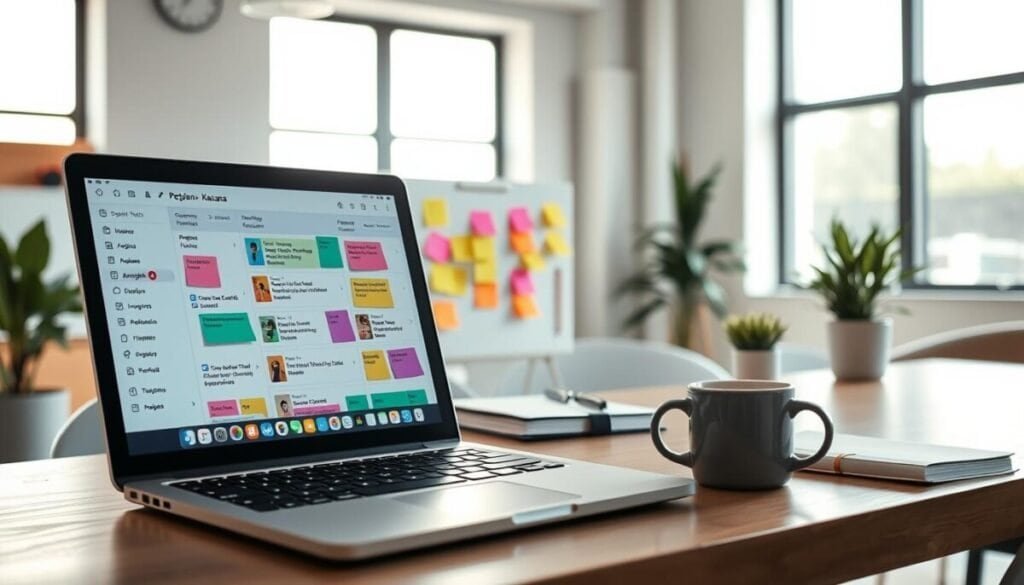 A well-organized workspace scene depicting a digital project management interface, showcasing a kanban board filled with color-coded sticky notes representing recurring tasks. In the foreground, a sleek laptop displays the Asana task list with vibrant sections for different project categories, illuminated by soft, natural lighting. In the middle, a tidy desk cluttered with a stylish notebook and a coffee mug embodies productivity, while a small desk plant adds a touch of greenery. The background features a light and airy office environment with large windows allowing sunlight to stream in, creating a bright and motivating atmosphere. The mood is focused and inspiring, reflecting a professional setting conducive to organizing tasks effectively. A well-organized workspace scene depicting a digital project management interface, showcasing a kanban board filled with color-coded sticky notes representing recurring tasks. In the foreground, a sleek laptop displays the Asana task list with vibrant sections for different project categories, illuminated by soft, natural lighting. In the middle, a tidy desk cluttered with a stylish notebook and a coffee mug embodies productivity, while a small desk plant adds a touch of greenery. The background features a light and airy office environment with large windows allowing sunlight to stream in, creating a bright and motivating atmosphere. The mood is focused and inspiring, reflecting a professional setting conducive to organizing tasks effectively.