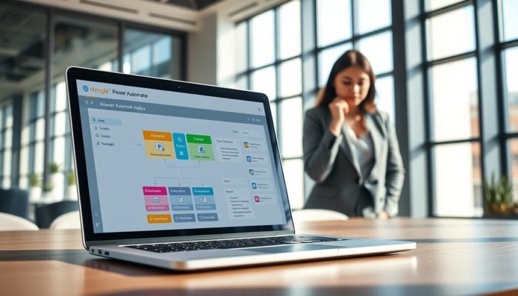 An office environment showcasing advanced automation tools with a focus on automatic replies. In the foreground, a sleek laptop displays a vibrant interface of a Power Automate setup, complete with colorful flowcharts and icons representing email and messaging platforms. In the middle ground, a professional woman in business attire is seen thoughtfully reviewing the screen, her expression focused and engaged. The background features a modern office setting with large windows allowing natural light to flood the room, creating a bright and inviting atmosphere. Soft shadows add depth to the space, and the overall mood is one of productivity and efficiency, highlighting the seamless integration of technology in daily tasks. The image captures a sense of innovation and professionalism.