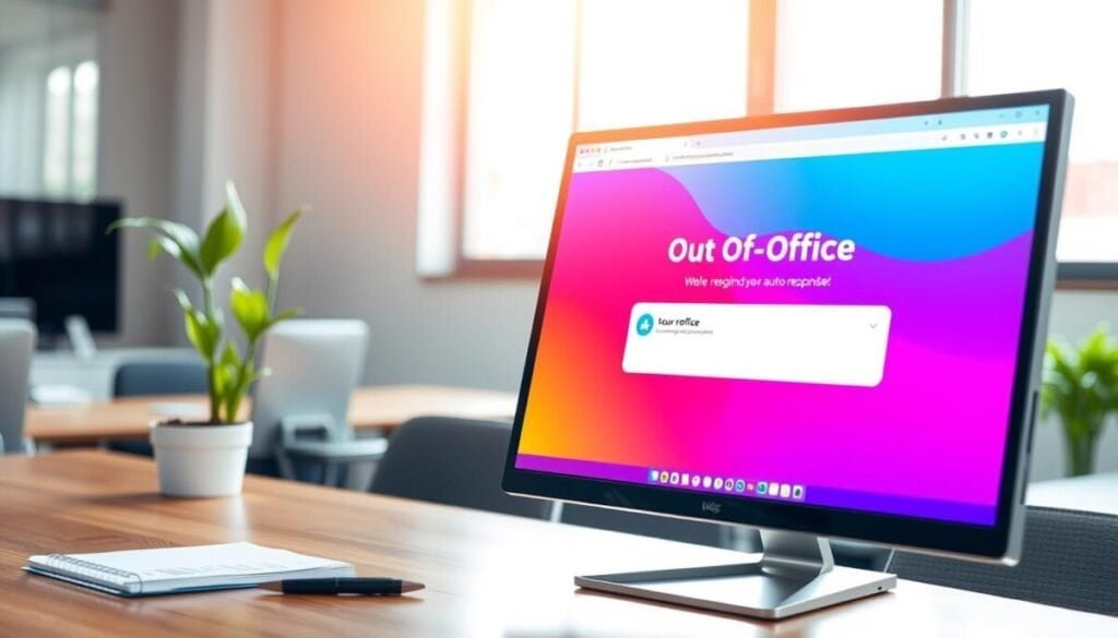 An office space showcasing a digital setup for an "Out of Office" auto-responder in Slack. In the foreground, a modern desktop computer displays the Slack interface, with a vibrant, user-friendly design; the screen is slightly angled to capture the interaction. To the left, a notepad and pen rest on a sleek wooden desk, suggesting organization. In the middle ground, a potted plant adds a touch of greenery, creating a calming atmosphere. The background features a soft-focus of an office environment, with light streaming through a window, creating a warm and inviting glow. The mood is professional yet relaxed, ideal for remote work settings. The colors are bright and uplifting, emphasizing productivity and focus. An office space showcasing a digital setup for an "Out of Office" auto-responder in Slack. In the foreground, a modern desktop computer displays the Slack interface, with a vibrant, user-friendly design; the screen is slightly angled to capture the interaction. To the left, a notepad and pen rest on a sleek wooden desk, suggesting organization. In the middle ground, a potted plant adds a touch of greenery, creating a calming atmosphere. The background features a soft-focus of an office environment, with light streaming through a window, creating a warm and inviting glow. The mood is professional yet relaxed, ideal for remote work settings. The colors are bright and uplifting, emphasizing productivity and focus.