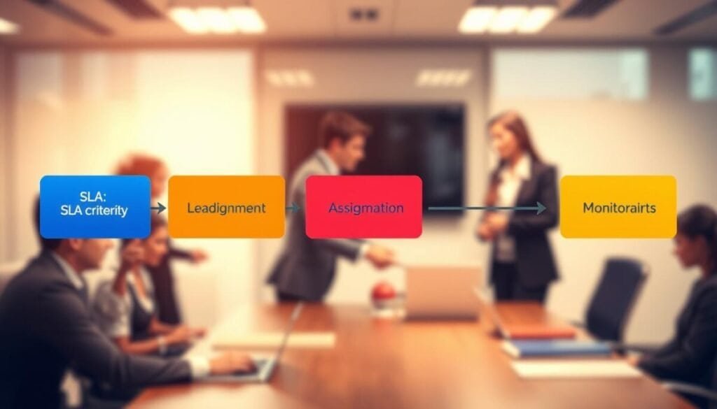 An organized and detailed SLA enforcement workflow visualized as a digital diagram. In the foreground, depict a flowchart with distinct sections labeled "SLA criteria," "Lead assignment," and "Monitoring alerts" using vibrant colors. In the middle, include arrows that show the connections and processes among these sections, emphasizing clarity and efficiency. In the background, create a blurred office environment with professionals in business attire actively discussing strategy at a conference table, contributing to a collaborative atmosphere. Use soft lighting to highlight the flowchart, with warm tones evoking a sense of productivity and urgency. The overall mood should reflect a forward-thinking approach to business improvement without any text or distractions in the image.