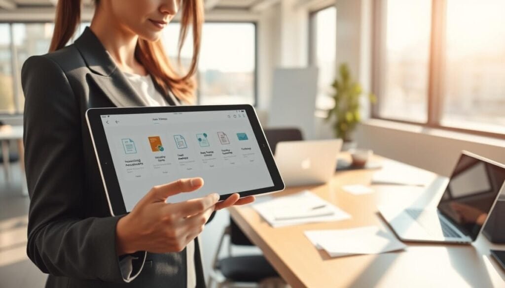 In a bright, modern office setting, focus on a professional woman in business attire interacting with a digital interface displaying a recurring task management system. In the foreground, she is using a tablet to organize attachments related to her tasks. The screen shows various file icons and thumbnails clearly labeled, symbolizing effective attachment management. The middle ground features a sleek desk with a laptop and scattered papers, emphasizing a busy yet organized workspace. The background includes large windows letting in natural light, reflecting a productive atmosphere. Soft shadows create depth, and a warm color palette enhances the feeling of focus and motivation. Use a slightly tilted angle to give a dynamic perspective on the task management scene. In a bright, modern office setting, focus on a professional woman in business attire interacting with a digital interface displaying a recurring task management system. In the foreground, she is using a tablet to organize attachments related to her tasks. The screen shows various file icons and thumbnails clearly labeled, symbolizing effective attachment management. The middle ground features a sleek desk with a laptop and scattered papers, emphasizing a busy yet organized workspace. The background includes large windows letting in natural light, reflecting a productive atmosphere. Soft shadows create depth, and a warm color palette enhances the feeling of focus and motivation. Use a slightly tilted angle to give a dynamic perspective on the task management scene.