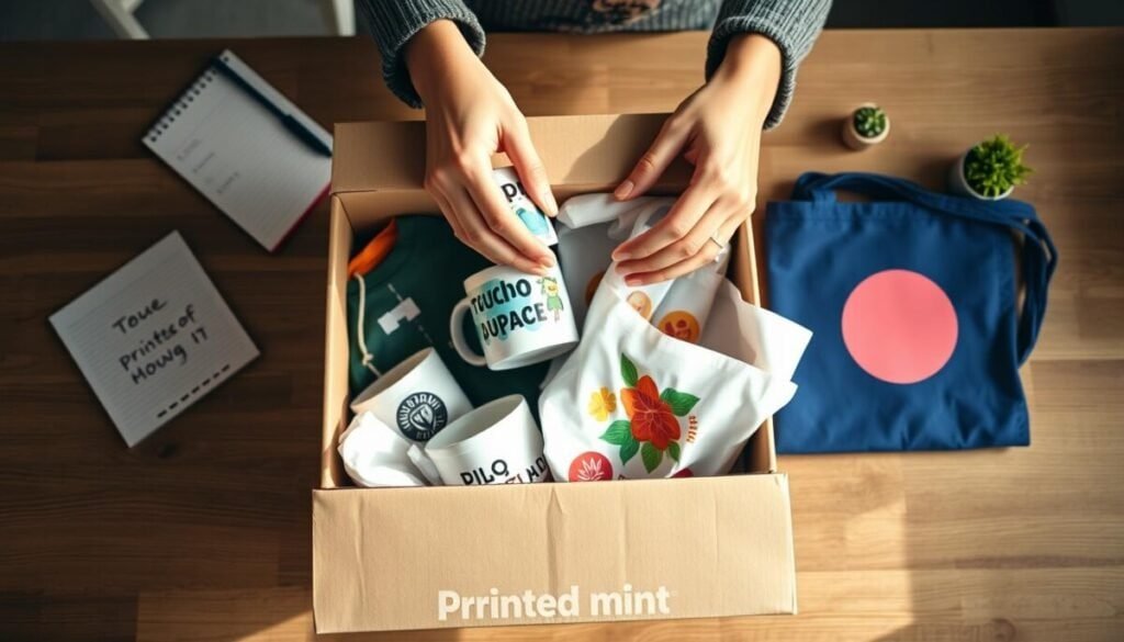 A beautifully arranged scene capturing a printed mint unboxing experience. In the foreground, an elegantly styled box slowly being opened, revealing vibrant, custom-printed merchandise like T-shirts, mugs, and tote bags, all adorned with eye-catching designs. The middle layer features a pair of hands gently lifting out the items, conveying excitement and anticipation. Soft, natural lighting enhances the colors of the products, creating a warm and inviting atmosphere. In the background, a wooden table is set with subtle decorative elements—like small plants and a notepad—adding a touch of professionalism. The angle is slightly overhead, showcasing the contents of the box while maintaining the focus on the unboxing process. The overall mood is joyful and inspiring, emphasizing the delight of personalized products.