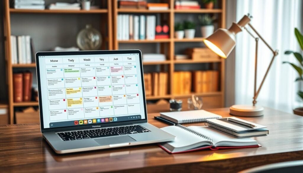 A beautifully designed week view calendar displayed prominently on an elegant wooden desk. The calendar showcases each day clearly segmented, filled with color-coded tasks and reminders for effective time blocking. In the foreground, a sleek laptop is open, displaying a workspace application. The middle ground features organized stationery, such as colorful sticky notes and a minimalist planner, creating an atmosphere of productivity and clarity. A soft, warm light from a nearby desk lamp casts gentle shadows, enhancing a focused and calm ambiance. The background is slightly blurred, hinting at shelves with neatly arranged books and plants, suggesting an organized workspace tailored for efficient time management. The overall mood is inspiring, encouraging the viewer to embrace time-blocking strategies.