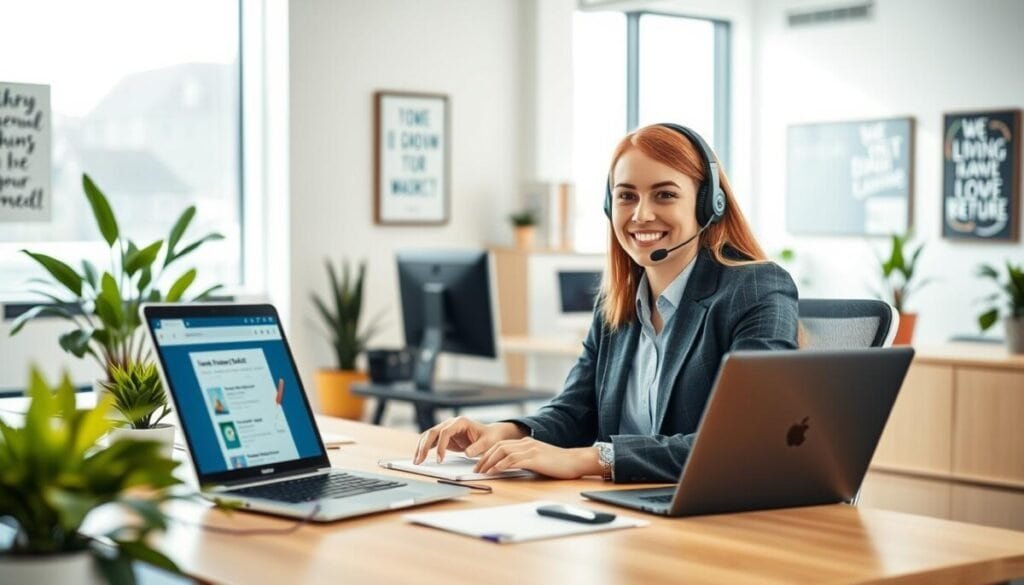 A bright and inviting scene depicting a professional customer support setting for Benchmark Email. In the foreground, a friendly customer support agent in smart casual attire is attentively assisting a client via a headset. The agent shows a welcoming smile and is seated at a modern desk with a laptop displaying the Benchmark Email interface. In the middle ground, a neatly organized office with plants and motivational posters on the walls reflects a positive atmosphere. The background features large windows letting in soft, natural light, creating a warm ambiance. The overall mood conveys accessibility and professionalism, illustrating user-friendly support with a focus on clear communication and effective assistance. The angle is a slight overhead shot that captures both the agent and the client interaction. A bright and inviting scene depicting a professional customer support setting for Benchmark Email. In the foreground, a friendly customer support agent in smart casual attire is attentively assisting a client via a headset. The agent shows a welcoming smile and is seated at a modern desk with a laptop displaying the Benchmark Email interface. In the middle ground, a neatly organized office with plants and motivational posters on the walls reflects a positive atmosphere. The background features large windows letting in soft, natural light, creating a warm ambiance. The overall mood conveys accessibility and professionalism, illustrating user-friendly support with a focus on clear communication and effective assistance. The angle is a slight overhead shot that captures both the agent and the client interaction.
