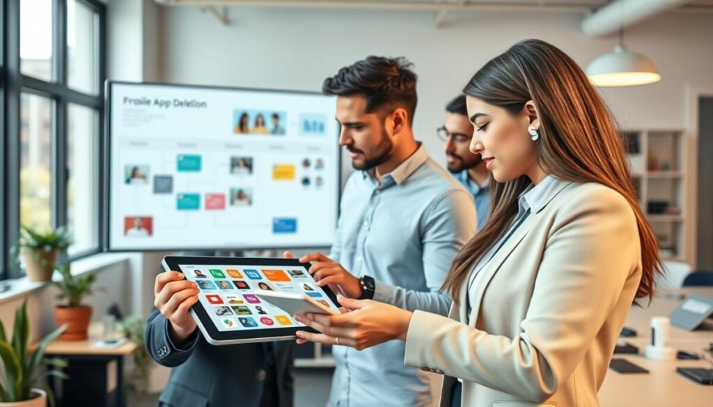 A bright and modern workspace featuring a diverse group of professionals collaborating on mobile app development using a no-code platform. In the foreground, a focused young woman in smart business attire is interacting with a tablet, showcasing an intuitive app interface filled with colorful icons and design elements. In the middle ground, two men are discussing ideas, one pointing at a large screen displaying a visual app-building workflow. The background captures a minimalist office with potted plants, large windows letting in natural light, and technology tools scattered around. The atmosphere is one of innovation and teamwork, emphasizing the evolution of mobile app building in a digital age. Use soft lighting to enhance the feeling of creativity and collaboration, shot with a slightly elevated camera angle for a dynamic perspective.