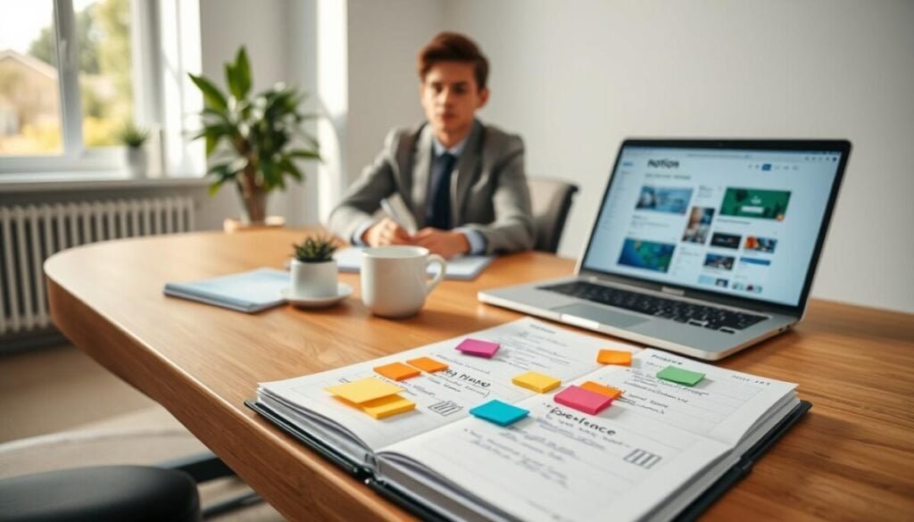 A bright and modern workspace featuring a person in professional business attire sitting at a sleek wooden desk. The foreground showcases a neatly arranged planner filled with handwritten notes and colorful sticky notes representing goals for the upcoming week. In the middle ground, a laptop displays a Notion workspace open on the screen, emphasizing digital organization. A coffee cup and a small plant add a touch of warmth to the scene. The background reveals a large window letting in soft, natural light, illuminating the room and creating an inviting atmosphere. The overall mood is one of focus and productivity, inspiring viewers to engage in their own weekly planning. The perspective is slightly above eye level, capturing the desk's layout and the person's concentration.