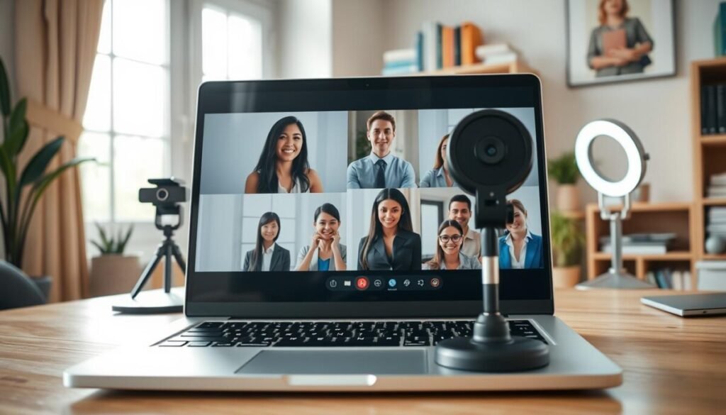A bright, modern home office setting filled with video messaging tools. In the foreground, a sleek laptop displays a video call interface featuring diverse professionals in modest business attire, actively engaging with each other. The middle section showcases an array of video messaging technology, including a webcam, microphone, and a ring light, indicating a professional workspace conducive to remote communication. The background features a cozy bookshelf with books on teamwork and communication, and a window allowing soft natural light to filter in, creating a warm atmosphere. The overall mood is focused and collaborative, emphasizing the shift towards asynchronous communication through engaging video tools. A bright, modern home office setting filled with video messaging tools. In the foreground, a sleek laptop displays a video call interface featuring diverse professionals in modest business attire, actively engaging with each other. The middle section showcases an array of video messaging technology, including a webcam, microphone, and a ring light, indicating a professional workspace conducive to remote communication. The background features a cozy bookshelf with books on teamwork and communication, and a window allowing soft natural light to filter in, creating a warm atmosphere. The overall mood is focused and collaborative, emphasizing the shift towards asynchronous communication through engaging video tools.