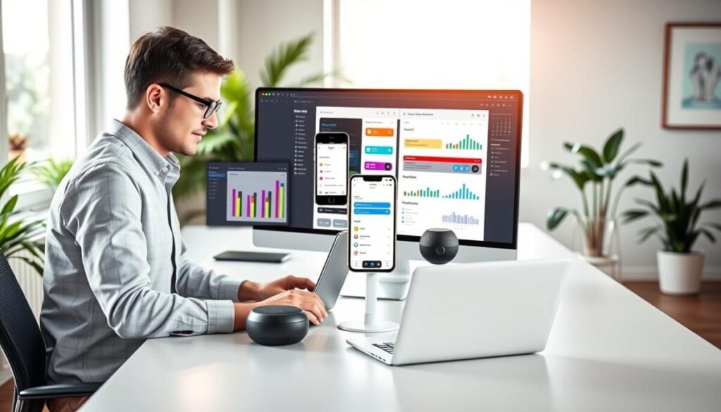 A bright, modern office environment highlighting the theme of automating freelance workflows. In the foreground, a focused professional wearing business casual attire sits at a sleek desk, using a laptop with multiple applications open. A stylish calendar and task management software can be seen on the screen, showcasing vibrant graphs and progress bars. In the middle, various tools are represented, such as a smartphone displaying notifications and a digital assistant device, symbolizing connectivity and efficiency. The background features soft natural lighting filtering through large windows, plants in the corners, and a wall with simple artwork, creating a productive and inspiring atmosphere. The overall mood is energetic and organized, reflecting the ease of managing a freelance business through automation.