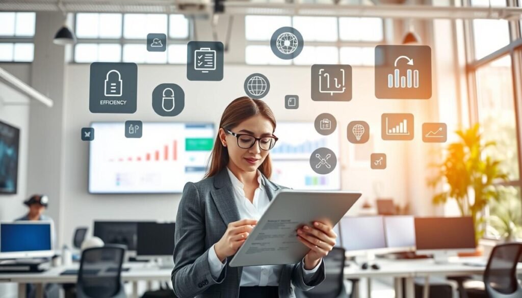 A bright, modern office workspace filled with high-tech gadgets and screens displaying various AI automation tools in action. In the foreground, a professional woman in business attire, actively reviewing a digital report on a tablet, her expression focused and analytical. Surrounding her, floating icons representing different automation metrics, like efficiency, usability, and integration. In the middle ground, a large screen showcases a vibrant dashboard filled with graphs and analytics, symbolizing data-driven decision-making. In the background, large windows let in natural light, illuminating the space and creating an inspiring, positive atmosphere. The room conveys a sense of innovation and productivity, highlighting the themes of evaluation and selection in automation tools. The image is captured with a wide-angle lens to emphasize the dynamic environment.
