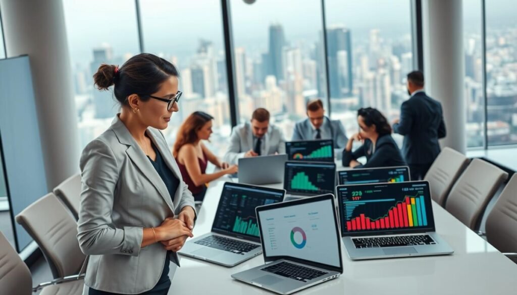 A bustling digital marketplace scene set in a modern office environment. In the foreground, a professional businesswoman in business attire analyzes a digital dashboard displaying various SEO tools with metrics like pricing tiers and performance graphs. In the middle ground, diverse professionals collaborate at a sleek conference table, surrounded by laptops showcasing colorful charts and data related to SEO tools, highlighting flexible features and value propositions. The background features a large window overlooking a vibrant cityscape, symbolizing growth and opportunity. Soft, natural lighting bathes the scene, creating an inspiring atmosphere. The angle captures a dynamic perspective, emphasizing the interaction and focus within the vibrant workspace, illustrating the essence of pricing, value, and flexibility in the SEO tools market.
