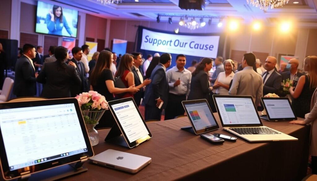 A busy fundraising event in a well-decorated venue, with a focus on modern event management tools displayed on a large table in the foreground. Various tools such as tablets and laptops showing event schedules and donation tracking software. In the middle, a diverse group of professionals in business attire network and engage with potential donors, featuring smiling faces and handshakes. Soft, warm lighting enhances the inviting atmosphere, while decorative elements like banners and flowers add a festive touch. In the background, a stage is set with a banner saying “Support Our Cause,” illuminated by spotlights. The angle is slightly elevated, capturing the dynamics of collaboration and excitement, conveying a sense of purpose and community in the fundraising effort.