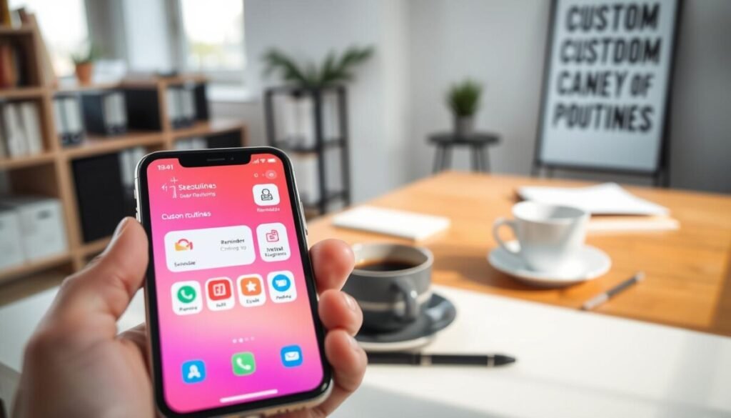 A clean and modern smartphone interface displaying custom routines apps in an office setting. In the foreground, showcase a smartphone with a vibrant, user-friendly app interface, featuring colorful icons representing productivity tasks like scheduling, reminders, and email management. The middle ground includes a sleek, minimalist desk with a laptop, coffee cup, and a notebook, reflecting a professional atmosphere. In the background, softly blurred elements such as a bookshelf with business books and a motivational poster add depth. The scene is illuminated with natural daylight from a nearby window, creating a bright and energizing mood. Use a wide-angle perspective to capture the space effectively. The overall atmosphere should exude efficiency and focus, ideal for a productive work mode. A clean and modern smartphone interface displaying custom routines apps in an office setting. In the foreground, showcase a smartphone with a vibrant, user-friendly app interface, featuring colorful icons representing productivity tasks like scheduling, reminders, and email management. The middle ground includes a sleek, minimalist desk with a laptop, coffee cup, and a notebook, reflecting a professional atmosphere. In the background, softly blurred elements such as a bookshelf with business books and a motivational poster add depth. The scene is illuminated with natural daylight from a nearby window, creating a bright and energizing mood. Use a wide-angle perspective to capture the space effectively. The overall atmosphere should exude efficiency and focus, ideal for a productive work mode.