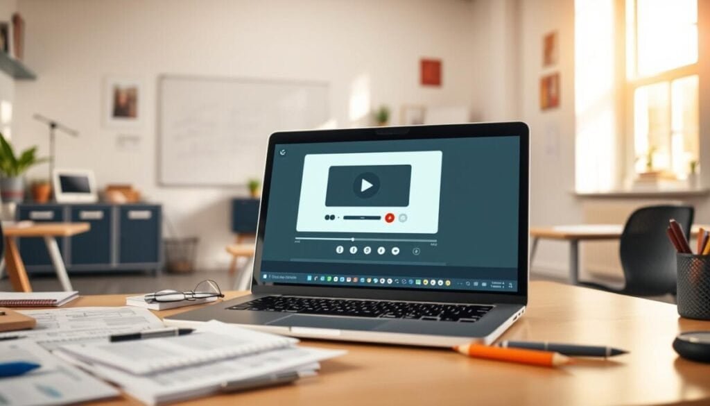 A clean and modern workspace featuring a web-based screen recording interface displayed on a laptop screen. In the foreground, the laptop is open on a desk cluttered with notes and stationery, evoking a sense of productivity. The screen shows a user-friendly recording application with visual elements like play, pause, and capture buttons, emphasizing its web-based nature. In the middle, a soft-focus background reveals a thoughtfully arranged classroom or home office setting with a whiteboard and educational materials, further enhancing the teaching and learning theme. Warm, natural lighting streams through a nearby window, creating a bright and inviting atmosphere. The entire scene should convey professionalism and creativity, ideal for educators and content creators without any distractions like text or logos.