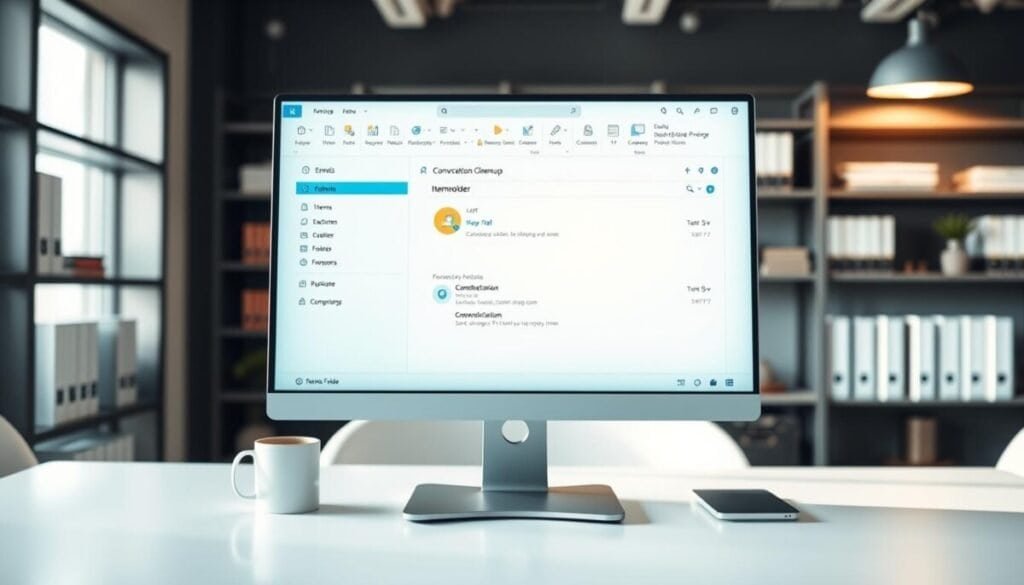 A clean and organized digital workspace showcasing an "Items Folder" interface on a computer screen. In the foreground, display a monitor with a clear view of the Outlook application open, emphasizing the "Conversation Cleanup" feature. The middle layer should include the desktop, featuring a neatly arranged workspace with a modern, minimalist aesthetic—perhaps a coffee mug and a small plant for added warmth. In the background, a softly lit office setting with blurred shelves filled with books and files creates a professional atmosphere. Ensure the lighting is bright yet natural, casting subtle shadows for depth. The overall mood should feel efficient and productive, inviting users to streamline their digital communication. No people are present in the image.