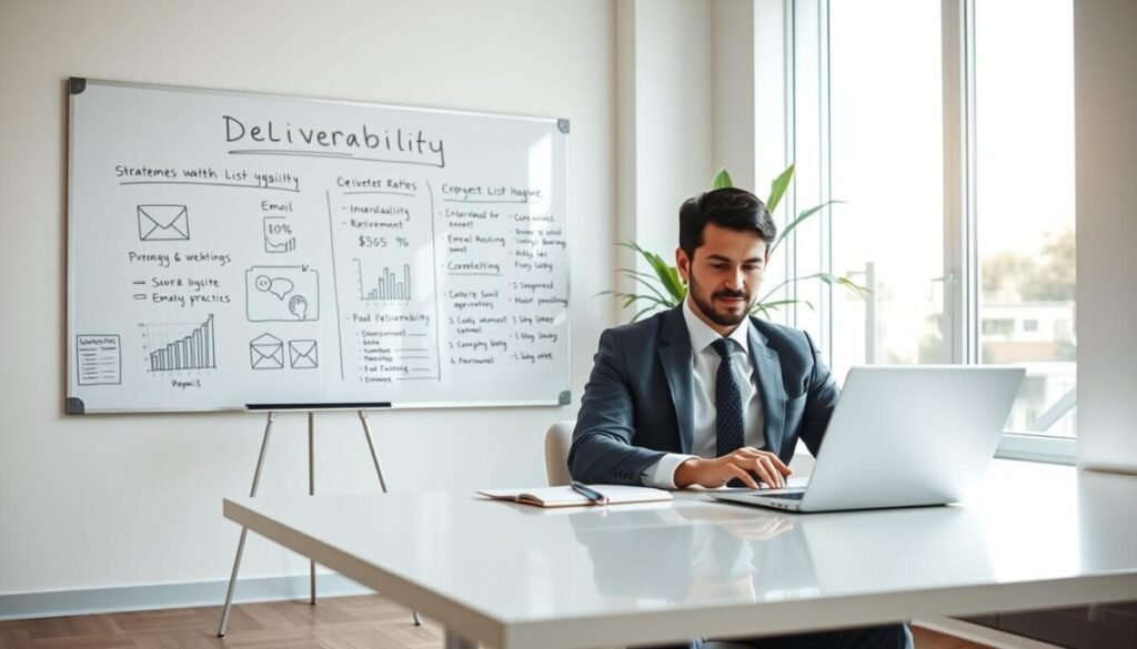 A clean, modern office environment demonstrating the concept of "deliverability" in email marketing. In the foreground, a professional individual in business attire is seated at a sleek desk, analyzing email performance metrics on a laptop, surrounded by charts and graphs that show improved deliverability rates. The middle ground features a whiteboard filled with strategies for list hygiene and effective sending practices. In the background, large windows let in bright, natural light, creating an optimistic atmosphere. A potted plant adds a touch of freshness, symbolizing growth and sustainability. The composition balances clarity and professionalism, capturing the essence of successful email marketing deliverability strategies in a vibrant yet focused setting.
