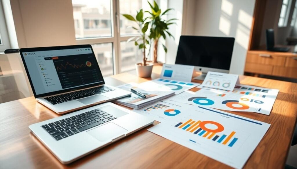 A clean, modern workspace featuring a variety of colorful project management reports spread across a sleek wooden desk. In the foreground, a detailed open laptop displays Toggl Track's interface, alongside a tablet showing charts and analytics. In the middle, there are neatly stacked papers with graphs, pie charts, and progress bars, emphasizing effective data visualization. The background showcases a bright office with a large window allowing natural light to flood in, casting soft shadows. An indoor plant adds a touch of greenery, enhancing the professional atmosphere. The composition should convey focus and productivity, with a warm, inviting color palette. The image should be framed at eye level for a balanced perspective. A clean, modern workspace featuring a variety of colorful project management reports spread across a sleek wooden desk. In the foreground, a detailed open laptop displays Toggl Track's interface, alongside a tablet showing charts and analytics. In the middle, there are neatly stacked papers with graphs, pie charts, and progress bars, emphasizing effective data visualization. The background showcases a bright office with a large window allowing natural light to flood in, casting soft shadows. An indoor plant adds a touch of greenery, enhancing the professional atmosphere. The composition should convey focus and productivity, with a warm, inviting color palette. The image should be framed at eye level for a balanced perspective.