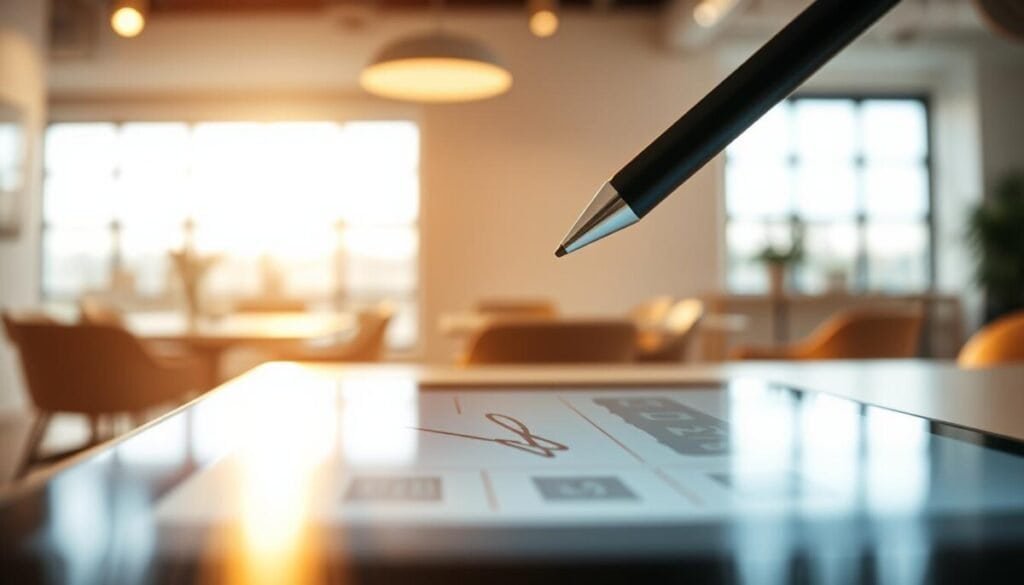 A close-up of a digital signature being created on a sleek tablet. In the foreground, a stylus hovers just above the screen, with a glowing, smooth line forming the signature, showcasing fluidity and precision. The middle ground features the tablet displaying a clean, modern interface of a digital signing application, emphasizing user-friendly design with icons and a luminous background. The background displays a softly blurred office setting with warm, natural lighting streaming through a large window, creating a professional atmosphere. The overall mood is sophisticated and efficient, representing the seamless integration of technology in business. A close-up of a digital signature being created on a sleek tablet. In the foreground, a stylus hovers just above the screen, with a glowing, smooth line forming the signature, showcasing fluidity and precision. The middle ground features the tablet displaying a clean, modern interface of a digital signing application, emphasizing user-friendly design with icons and a luminous background. The background displays a softly blurred office setting with warm, natural lighting streaming through a large window, creating a professional atmosphere. The overall mood is sophisticated and efficient, representing the seamless integration of technology in business.