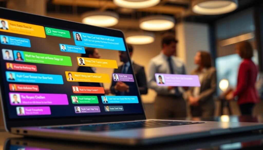 A close-up scene depicting a digital screen filled with vibrant meeting transcript comments, showcasing a variety of colored text boxes and user avatars. The foreground features a glowing laptop with reflections of the comments, symbolizing active collaboration. In the middle, blurred figures of diverse professionals in business attire are engaged in discussion, conveying a sense of teamwork and productivity. The background includes an office environment with soft, warm lighting illuminating the space, creating an inviting atmosphere. The composition is shot from a slight angle to emphasize the screen's content without displaying any identifiable text or logos. The overall mood is energetic and collaborative, highlighting the essence of enhancing communication through technology. A close-up scene depicting a digital screen filled with vibrant meeting transcript comments, showcasing a variety of colored text boxes and user avatars. The foreground features a glowing laptop with reflections of the comments, symbolizing active collaboration. In the middle, blurred figures of diverse professionals in business attire are engaged in discussion, conveying a sense of teamwork and productivity. The background includes an office environment with soft, warm lighting illuminating the space, creating an inviting atmosphere. The composition is shot from a slight angle to emphasize the screen's content without displaying any identifiable text or logos. The overall mood is energetic and collaborative, highlighting the essence of enhancing communication through technology.