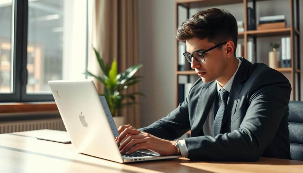 A close-up scene depicting a professional, focused individual sitting at a sleek office desk. The subject, a young adult in smart business attire, is thoughtfully reviewing a digital document on their laptop screen, which displays highlighted sections with excessive fluff marked crossed out. In the background, a stylish bookshelf filled with business books and a potted plant adds a touch of warmth to the modern workspace. Soft, natural light filters in from a large window, casting gentle shadows and creating a productive atmosphere. The overall mood conveys clarity, concentration, and efficiency, symbolizing the elimination of unnecessary content to streamline communication. The angle emphasizes the individual’s engaged expression while keeping the details sharp and composition balanced, creating a visually appealing representation of negative prompting in correspondence. A close-up scene depicting a professional, focused individual sitting at a sleek office desk. The subject, a young adult in smart business attire, is thoughtfully reviewing a digital document on their laptop screen, which displays highlighted sections with excessive fluff marked crossed out. In the background, a stylish bookshelf filled with business books and a potted plant adds a touch of warmth to the modern workspace. Soft, natural light filters in from a large window, casting gentle shadows and creating a productive atmosphere. The overall mood conveys clarity, concentration, and efficiency, symbolizing the elimination of unnecessary content to streamline communication. The angle emphasizes the individual’s engaged expression while keeping the details sharp and composition balanced, creating a visually appealing representation of negative prompting in correspondence.