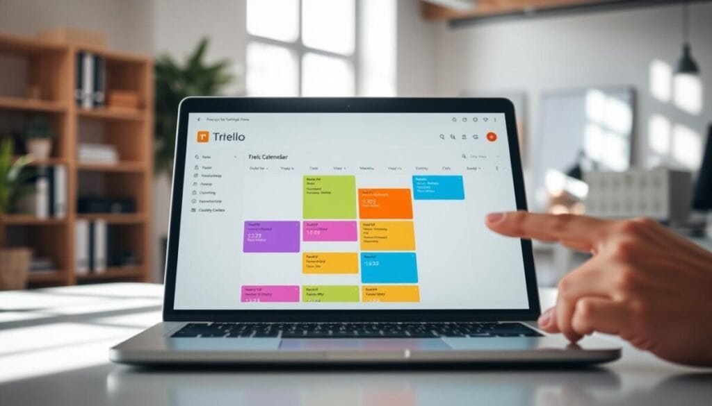 A close-up view of a colorful digital calendar interface displayed on a sleek laptop, prominently featuring the Trello calendar options. In the foreground, vibrant task cards color-coded for different projects are arranged seamlessly, showcasing their due dates and categories. The middle ground includes a hand reaching out to interact with the calendar, emphasizing user engagement. The background is softly blurred, displaying an organized office setting with natural light streaming in through a window, casting gentle shadows on a clean workspace. The atmosphere is focused and productive, ideal for time management themes, with an emphasis on clarity and order in the digital calendar presentation. A close-up view of a colorful digital calendar interface displayed on a sleek laptop, prominently featuring the Trello calendar options. In the foreground, vibrant task cards color-coded for different projects are arranged seamlessly, showcasing their due dates and categories. The middle ground includes a hand reaching out to interact with the calendar, emphasizing user engagement. The background is softly blurred, displaying an organized office setting with natural light streaming in through a window, casting gentle shadows on a clean workspace. The atmosphere is focused and productive, ideal for time management themes, with an emphasis on clarity and order in the digital calendar presentation.