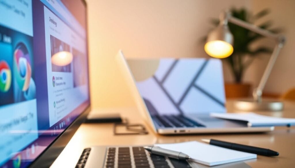 A close-up view of a computer screen displaying a browser window with multiple Chrome tabs. The foreground features some of the tabs visibly collapsing, with one or two tabs slightly overlapping, representing an organized workflow. In the middle ground, vibrant colors such as soft blues and greens emanate from the screen, while showcasing a neatly organized workspace with a laptop, a notepad, and a modern desk lamp. The background hints at a softly blurred office setting with warm lighting, creating a professional yet relaxed atmosphere. The image captures the concept of productivity and focus, with clean lines and a visually appealing aesthetic, emphasizing the benefits of managing your digital workspace effectively. No captions or watermarks included. A close-up view of a computer screen displaying a browser window with multiple Chrome tabs. The foreground features some of the tabs visibly collapsing, with one or two tabs slightly overlapping, representing an organized workflow. In the middle ground, vibrant colors such as soft blues and greens emanate from the screen, while showcasing a neatly organized workspace with a laptop, a notepad, and a modern desk lamp. The background hints at a softly blurred office setting with warm lighting, creating a professional yet relaxed atmosphere. The image captures the concept of productivity and focus, with clean lines and a visually appealing aesthetic, emphasizing the benefits of managing your digital workspace effectively. No captions or watermarks included.