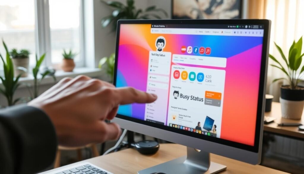 A close-up view of a computer screen displaying a vibrant GitHub profile page, specifically highlighting the busy status feature. In the foreground, a user’s hand is reaching towards a mouse, poised to click on the status setting. The middle ground shows the profile interface with colorful icons and a highlighted “busy” status option, radiating a sense of productivity. In the background, a modern, well-lit home office with a wooden desk, plants, and tech gadgets creates a professional yet cozy atmosphere. Soft natural light filters through a window, casting a warm glow across the scene. The mood conveys focus and commitment, emphasizing the importance of setting a busy status for online engagement. A close-up view of a computer screen displaying a vibrant GitHub profile page, specifically highlighting the busy status feature. In the foreground, a user’s hand is reaching towards a mouse, poised to click on the status setting. The middle ground shows the profile interface with colorful icons and a highlighted “busy” status option, radiating a sense of productivity. In the background, a modern, well-lit home office with a wooden desk, plants, and tech gadgets creates a professional yet cozy atmosphere. Soft natural light filters through a window, casting a warm glow across the scene. The mood conveys focus and commitment, emphasizing the importance of setting a busy status for online engagement.