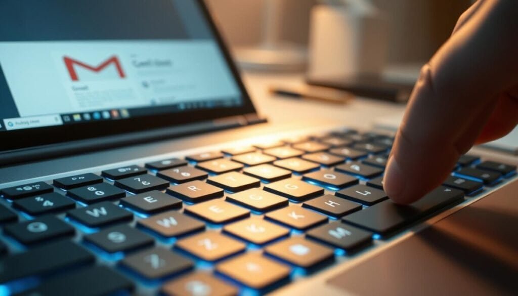 A close-up view of a modern computer keyboard with a focus on the "Undo Send" key, which is illuminated softly with ambient blue light. Surrounding the keyboard is a minimalist workspace, featuring a sleek laptop open with a Gmail interface visible faintly in the background. The scene is captured from a slight angle, emphasizing the keys and their glossy finish. In the foreground, a hand in professional business attire hovers over the keyboard, ready to press the key. The overall mood is one of productivity and efficiency, highlighted by warm and inviting lighting that suggests a late afternoon work session. The colors are balanced, with a calm palette that conveys focus and clarity.