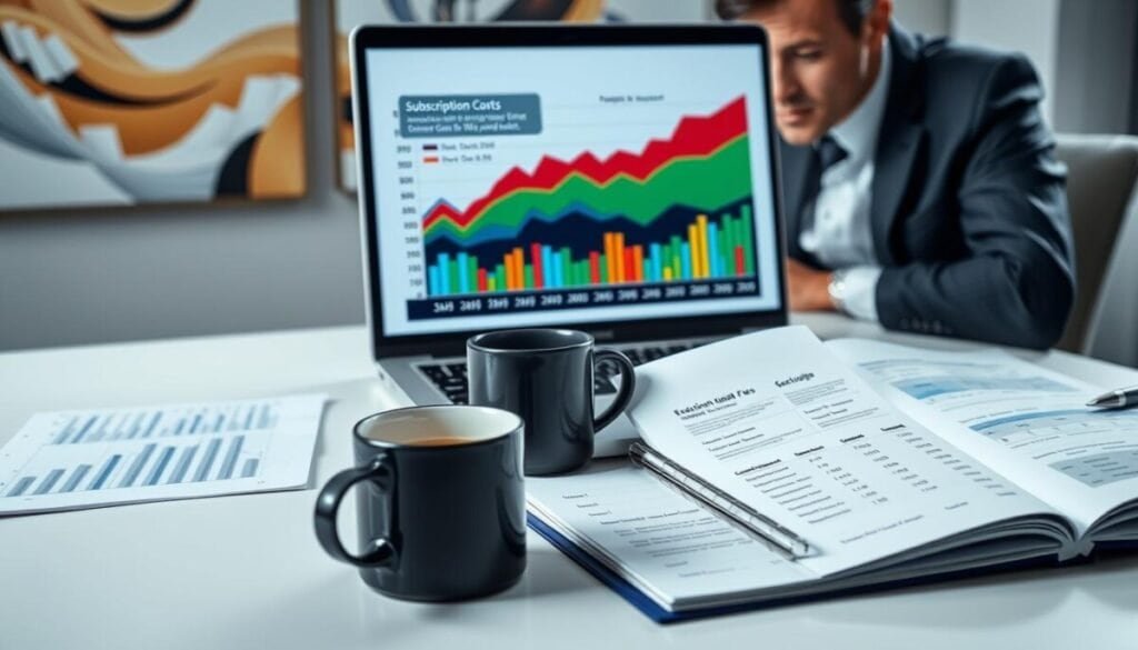 A close-up view of a sleek, modern office desk setting, with a laptop displaying a detailed graph of subscription costs in various vibrant colors. In the foreground, a business professional in smart attire concentrates on the screen, with a notepad filled with notes about hidden fees and pricing strategies beside them. In the middle ground, a coffee cup sits next to the laptop, and a financial report is partially visible, showcasing various subscription tiers. The background includes a minimalistic wall with an abstract financial-themed artwork. The lighting is bright and well-lit, creating an energetic yet focused atmosphere, captured with a soft depth of field that emphasizes the subject while softly blurring the background details. A close-up view of a sleek, modern office desk setting, with a laptop displaying a detailed graph of subscription costs in various vibrant colors. In the foreground, a business professional in smart attire concentrates on the screen, with a notepad filled with notes about hidden fees and pricing strategies beside them. In the middle ground, a coffee cup sits next to the laptop, and a financial report is partially visible, showcasing various subscription tiers. The background includes a minimalistic wall with an abstract financial-themed artwork. The lighting is bright and well-lit, creating an energetic yet focused atmosphere, captured with a soft depth of field that emphasizes the subject while softly blurring the background details.