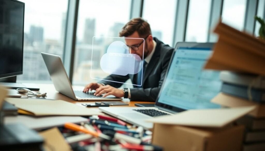 A cluttered office desk in the foreground, featuring an open laptop displaying a calendar synced with Salesforce. A digital overlay of a calendar icon with a glowing busy status indicator hovers above. In the middle, a focused professional in business attire types on the keyboard, brows furrowed in concentration, suggesting troubleshooting efforts. In the background, a large window reveals a cityscape, with soft natural light illuminating the scene. Technical details include a shallow depth of field, emphasizing the desk elements while softly blurring the exterior view. The mood is one of determination and focus, reflecting a sense of urgency and problem-solving with hints of digital technology integration, all set in a modern workspace environment.