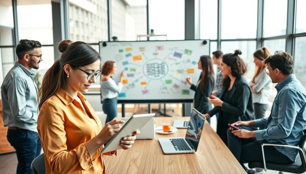 A collaborative workspace featuring a diverse team of professionals engaged with digital whiteboard tools across multiple devices. In the foreground, a focused woman in smart casual attire uses a tablet, while a man beside her types on a laptop. In the middle ground, a large, interactive digital whiteboard displays colorful diagrams and notes, surrounded by team members discussing ideas animatedly. The background features a modern office with large windows allowing natural light to flood the space, creating a bright and uplifting atmosphere. Use a wide-angle lens to capture the dynamic energy and collaboration among the team, emphasizing mobility and cross-device accessibility in a seamless, professional environment.